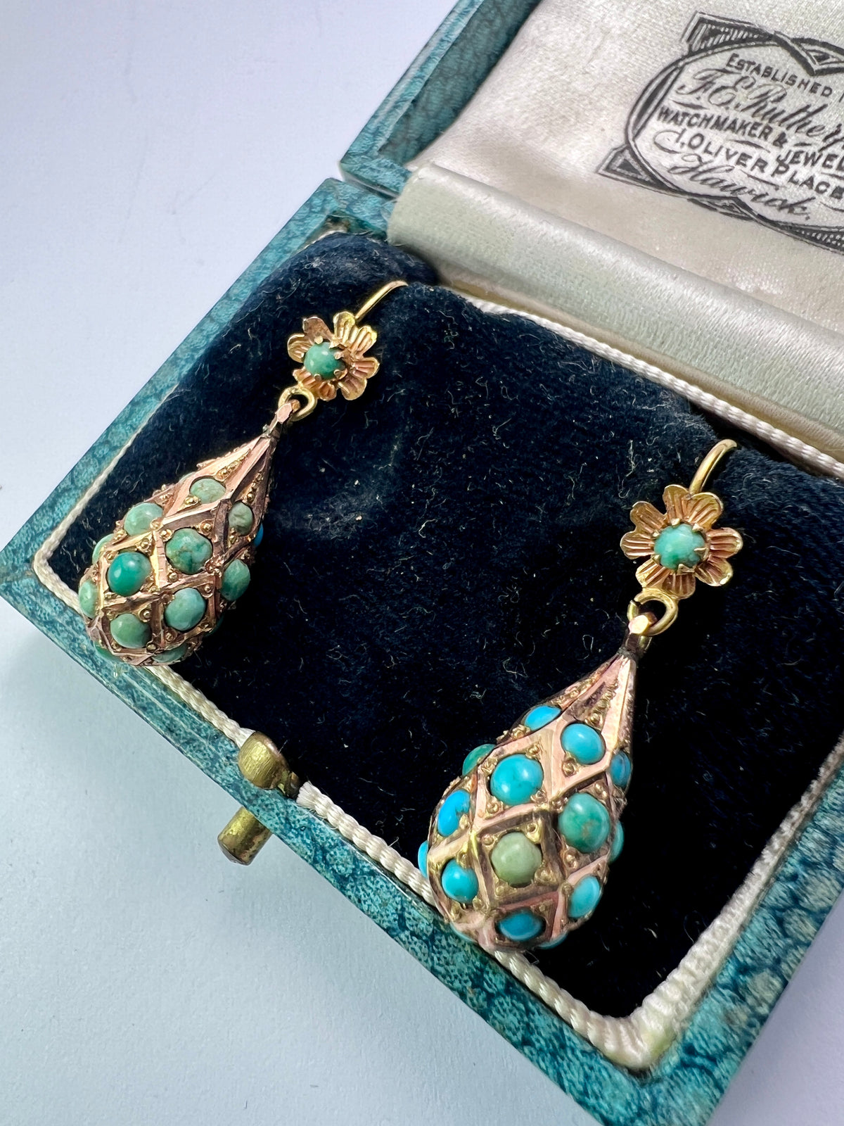Victorian Gold Turquoise Dangling Teardrop Flower Earrings