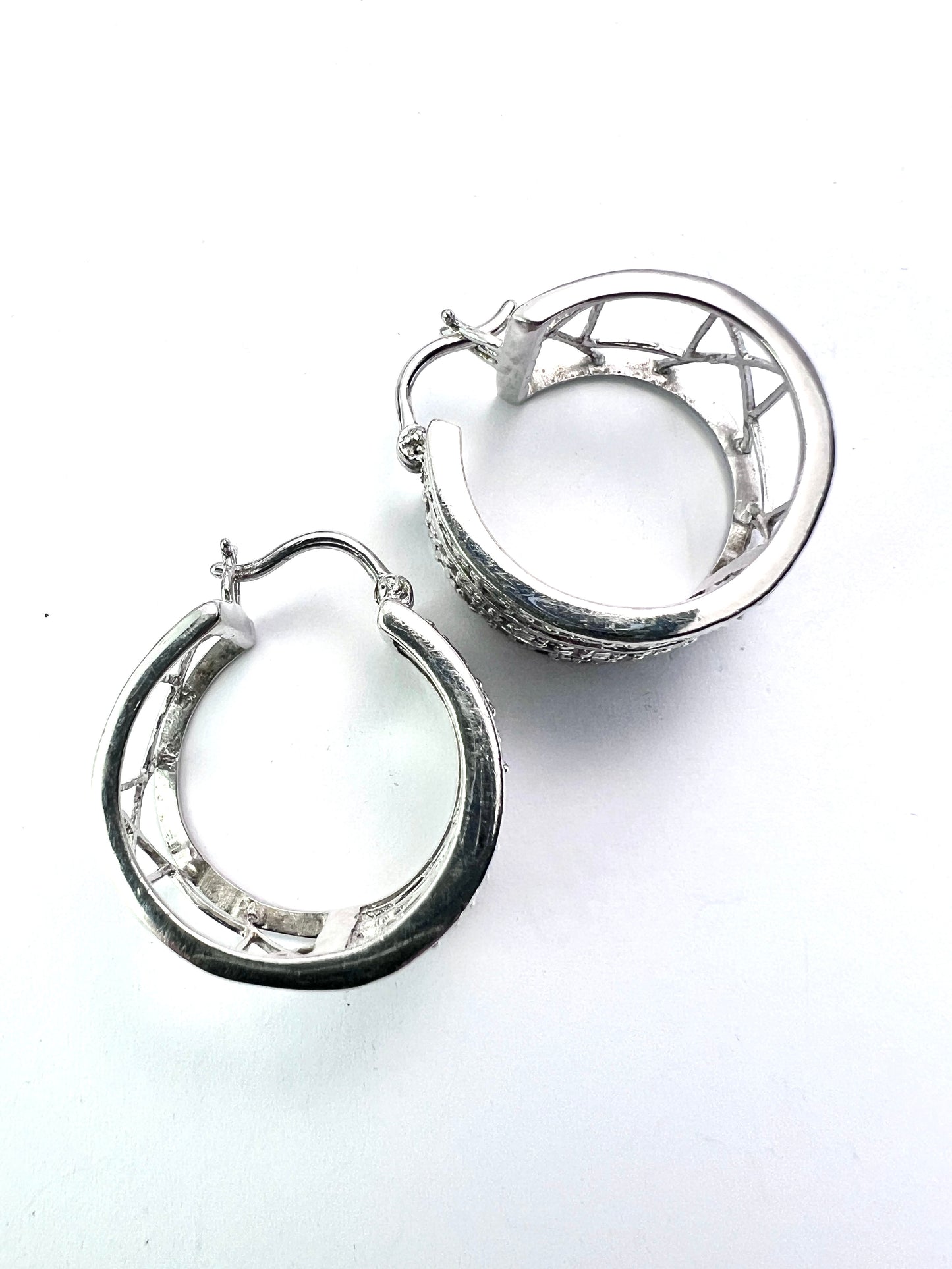 Wide Vintage Diamond Silver Hoop Earrings