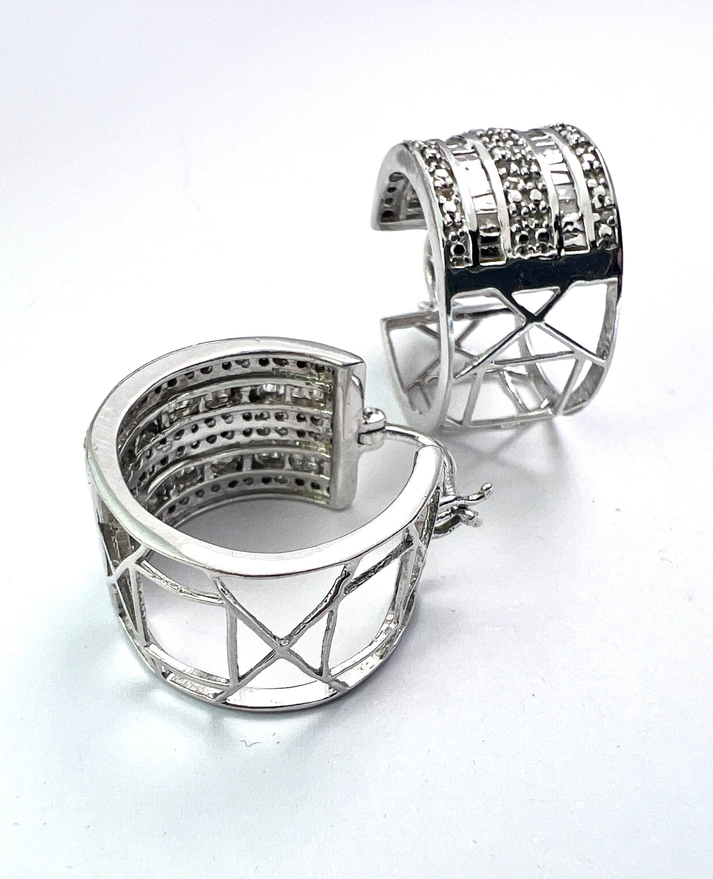Wide Vintage Diamond Silver Hoop Earrings