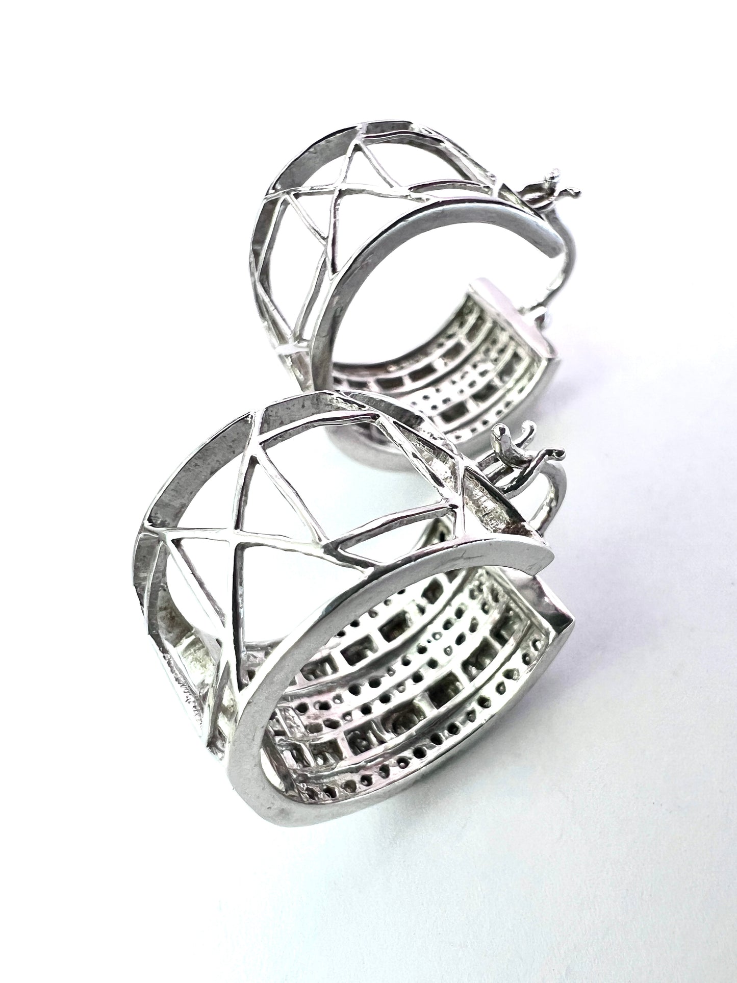 Wide Vintage Diamond Silver Hoop Earrings
