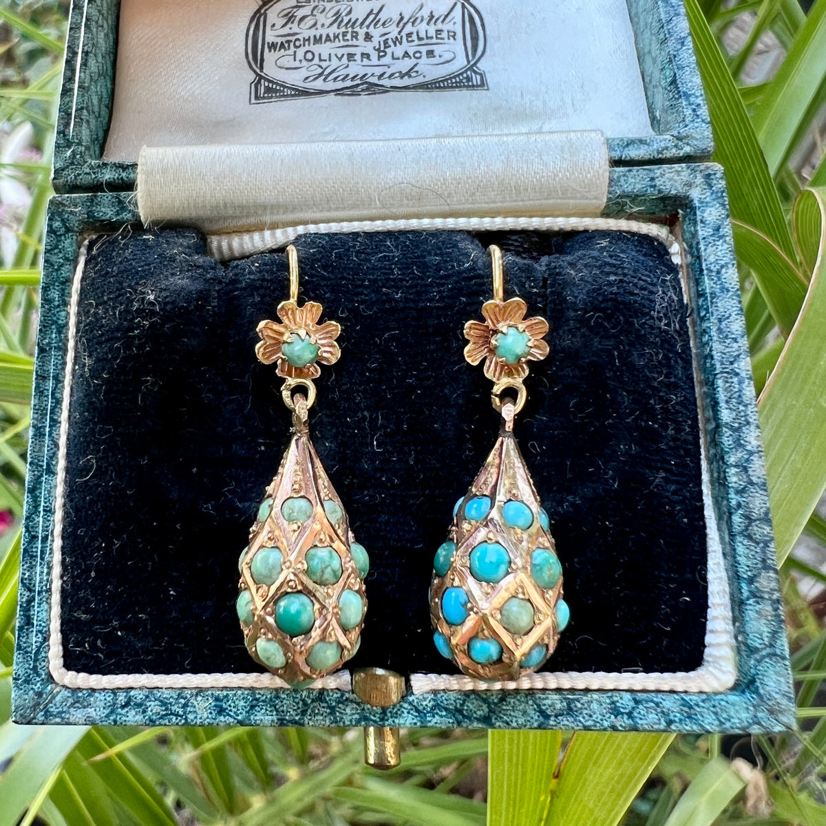 Victorian Gold Turquoise Dangling Teardrop Flower Earrings