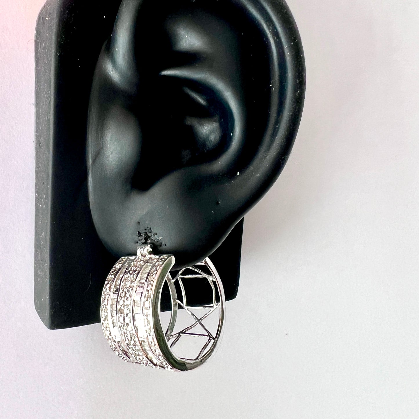 Wide Vintage Diamond Silver Hoop Earrings
