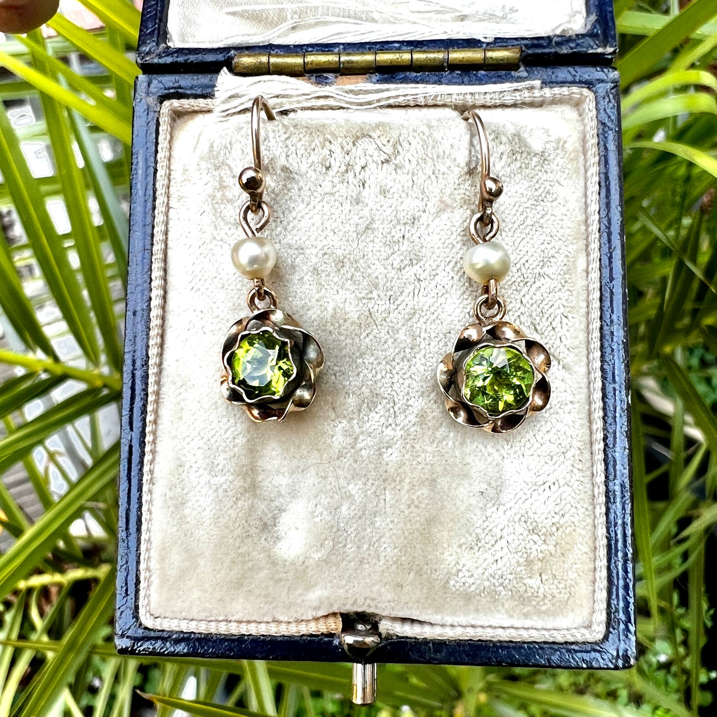 Vintage Gold Pearl and Peridot Paste Drop Earrings