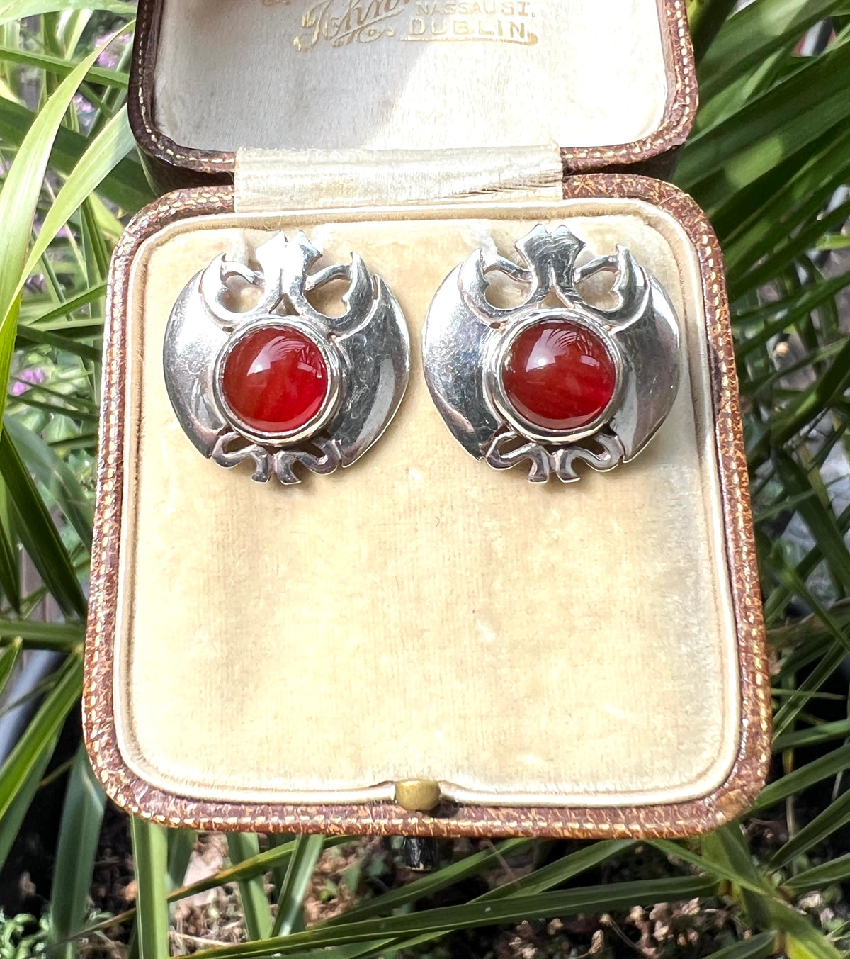 Vintage Arts and Crafts Style Silver Carnelian Earrings