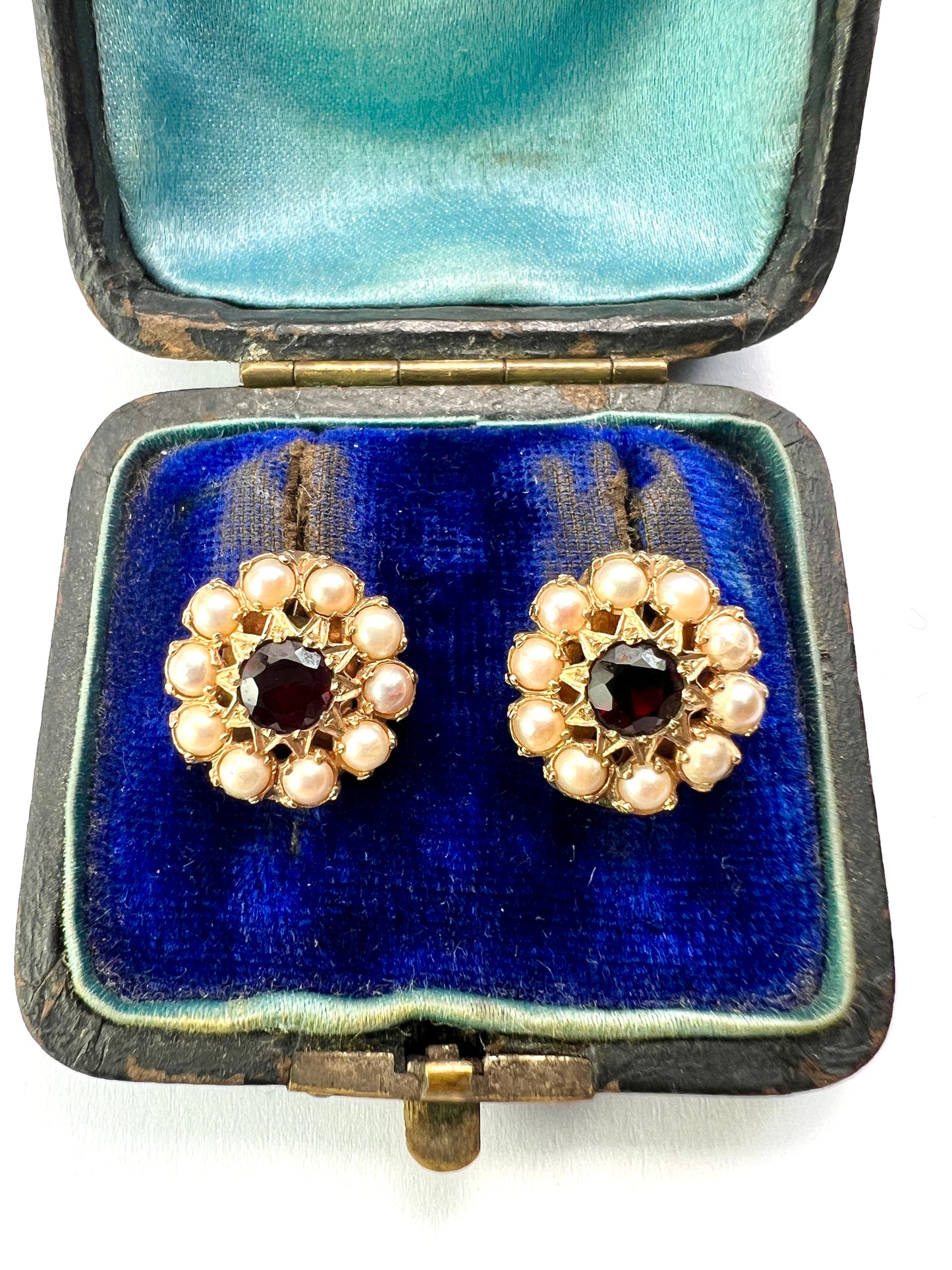 Victorian Gold Garnet Pearl Cluster Earrings