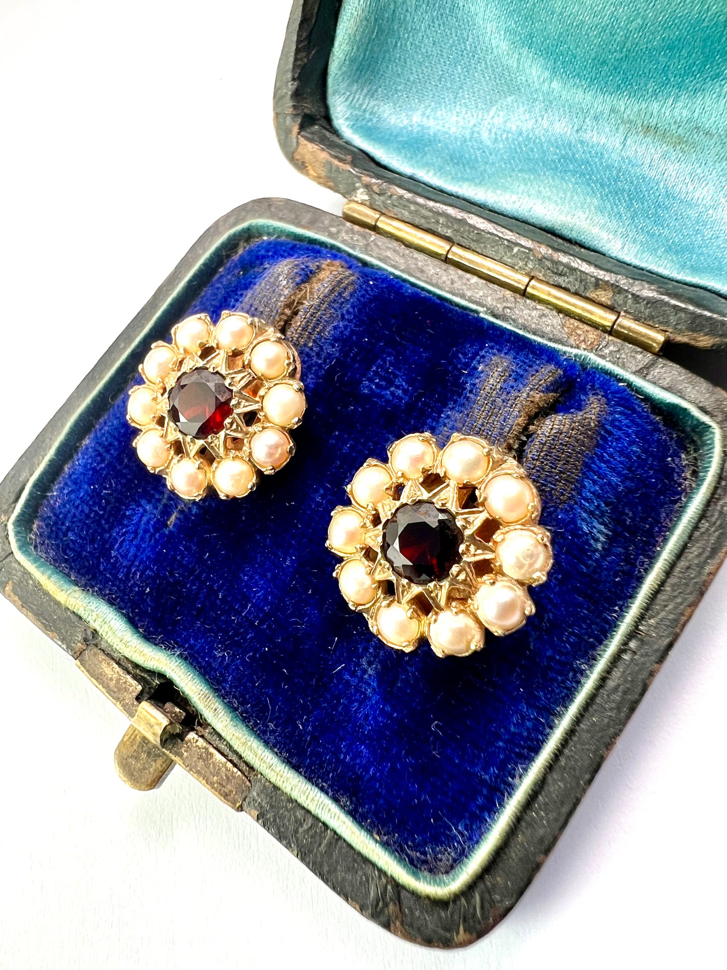 Victorian Gold Garnet Pearl Cluster Earrings