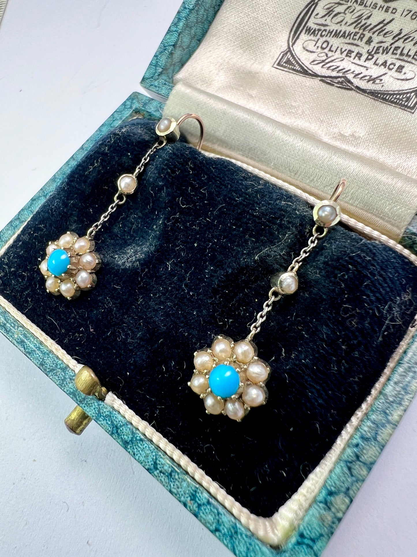 Edwardian Turquoise and Pearl Flower Drop Earrings