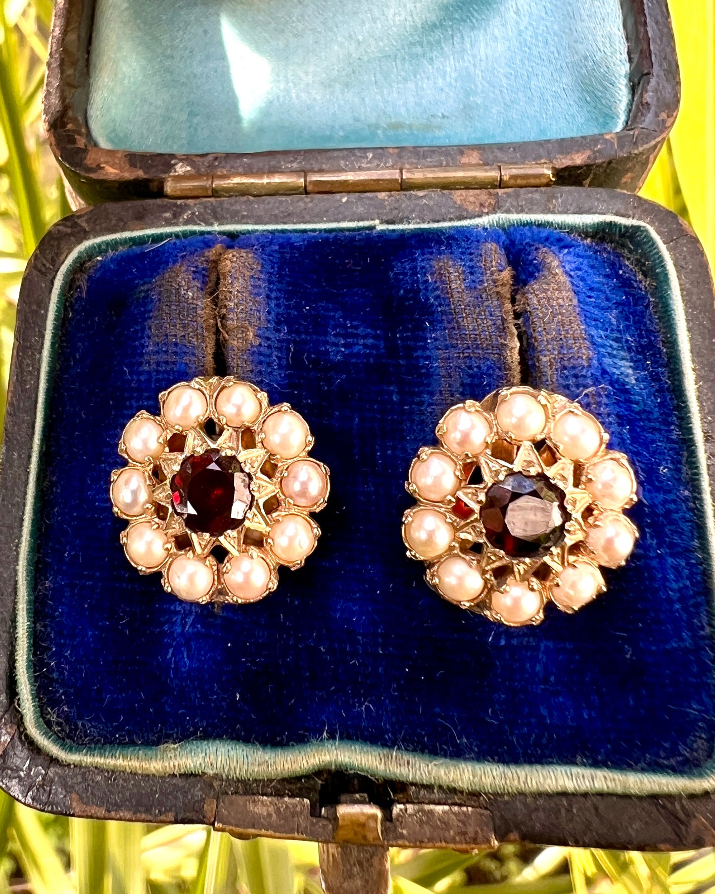 Victorian Gold Garnet Pearl Cluster Earrings