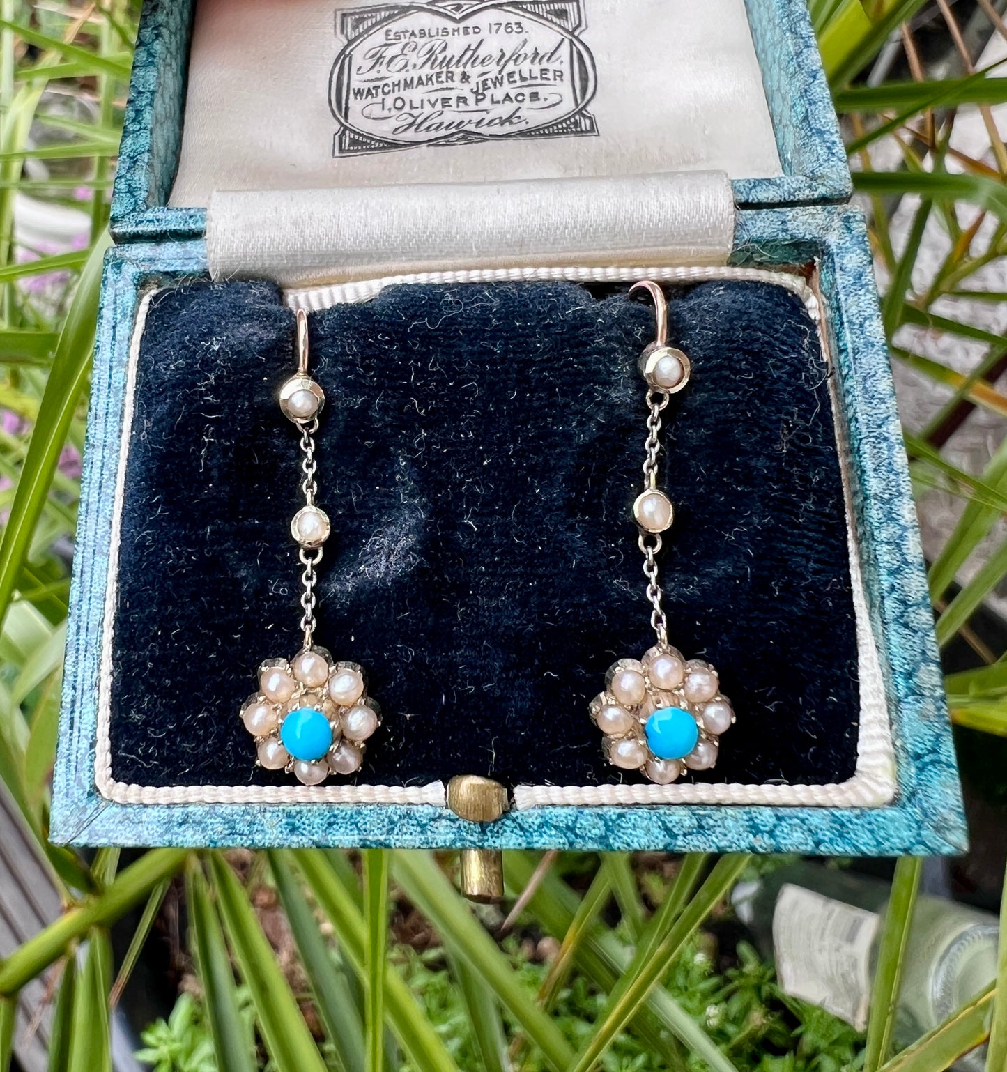 Edwardian Turquoise and Pearl Flower Drop Earrings