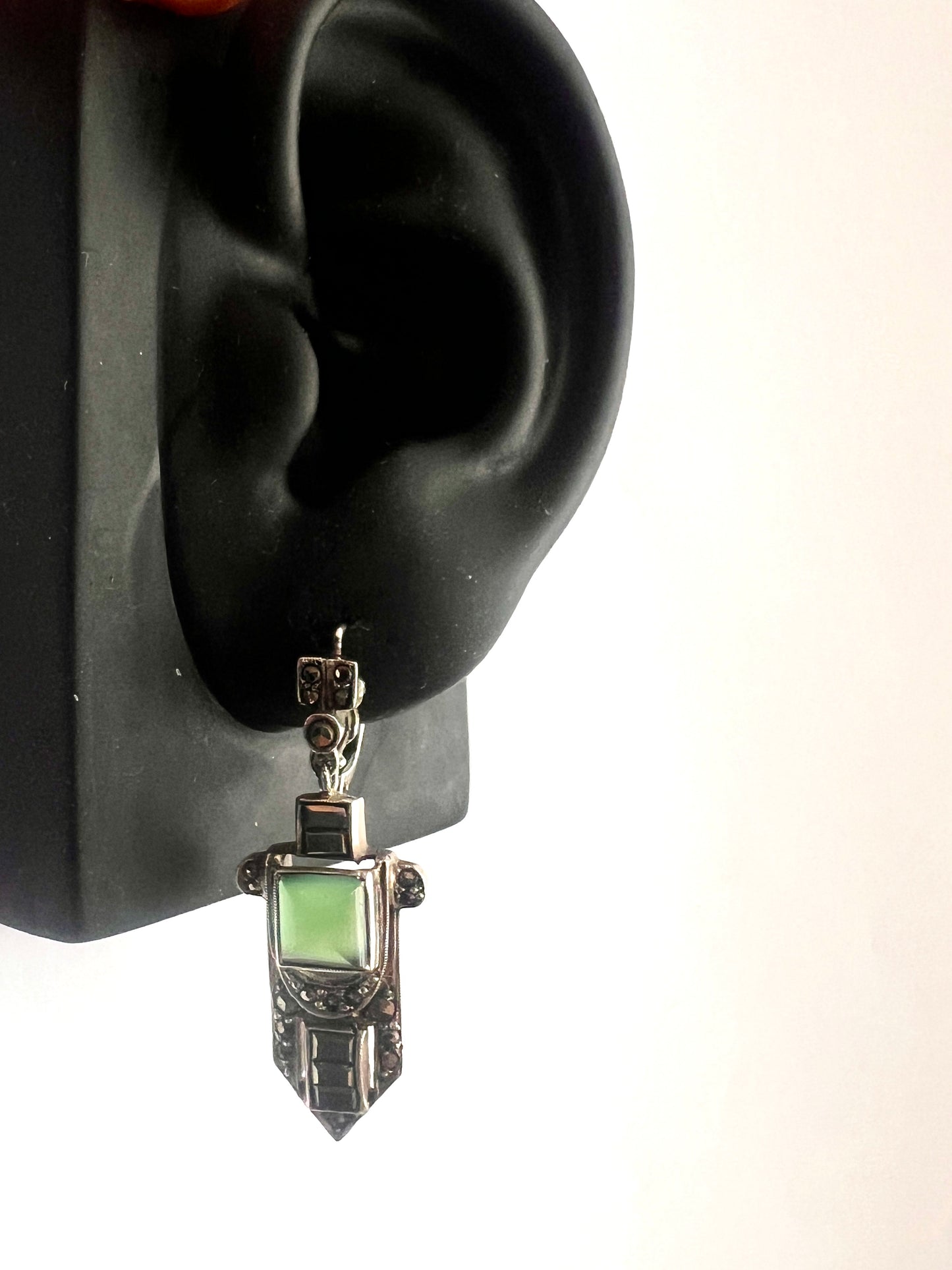Art Deco Silver Marcasite Chrysoprase Earrings