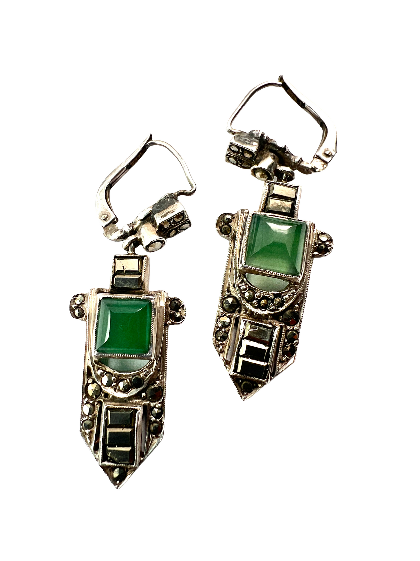 Art Deco Silver Marcasite Chrysoprase Earrings