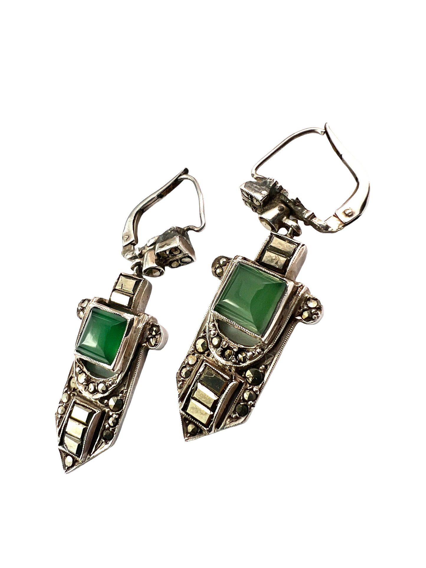 Art Deco Silver Marcasite Chrysoprase Earrings