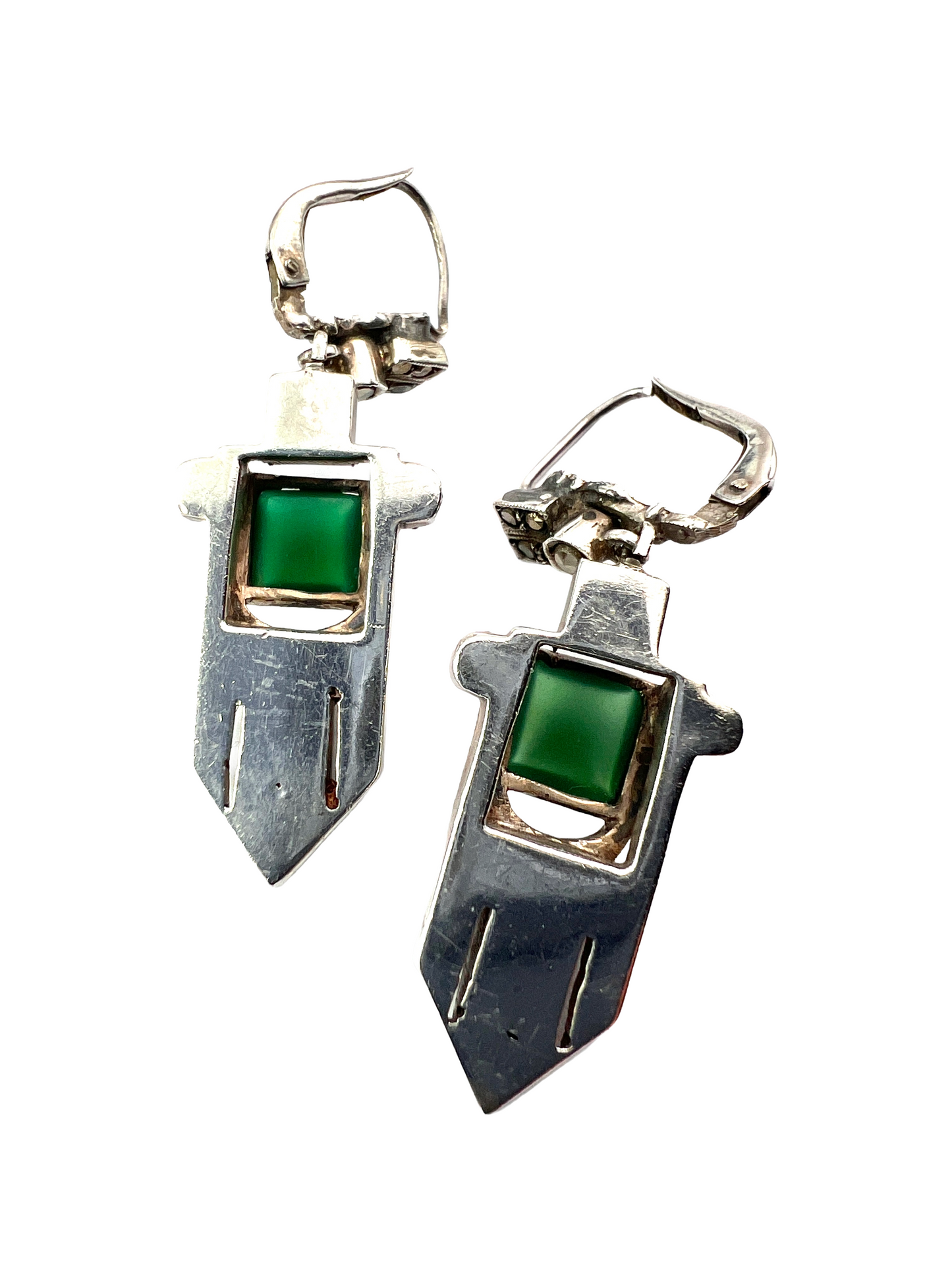 Art Deco Silver Marcasite Chrysoprase Earrings