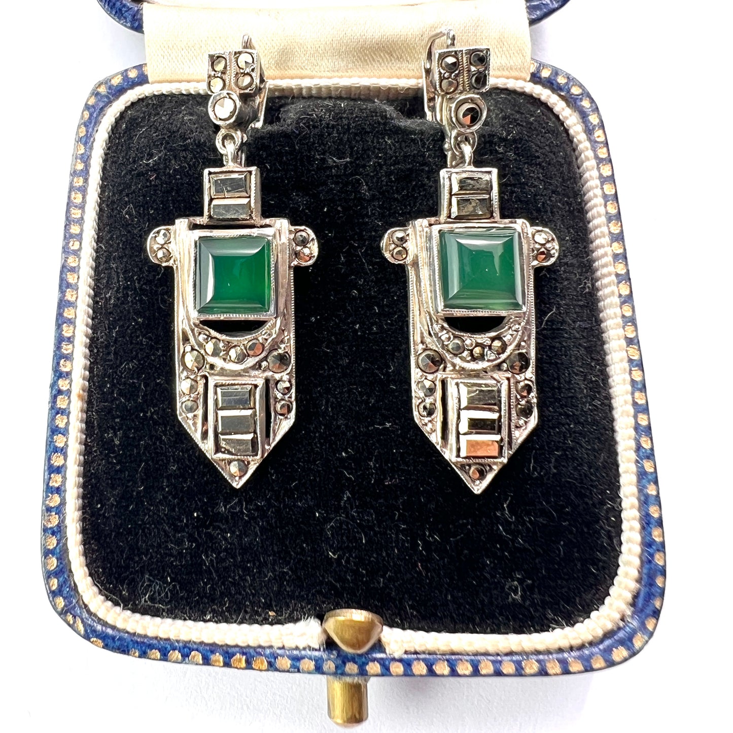 Art Deco Silver Marcasite Chrysoprase Earrings