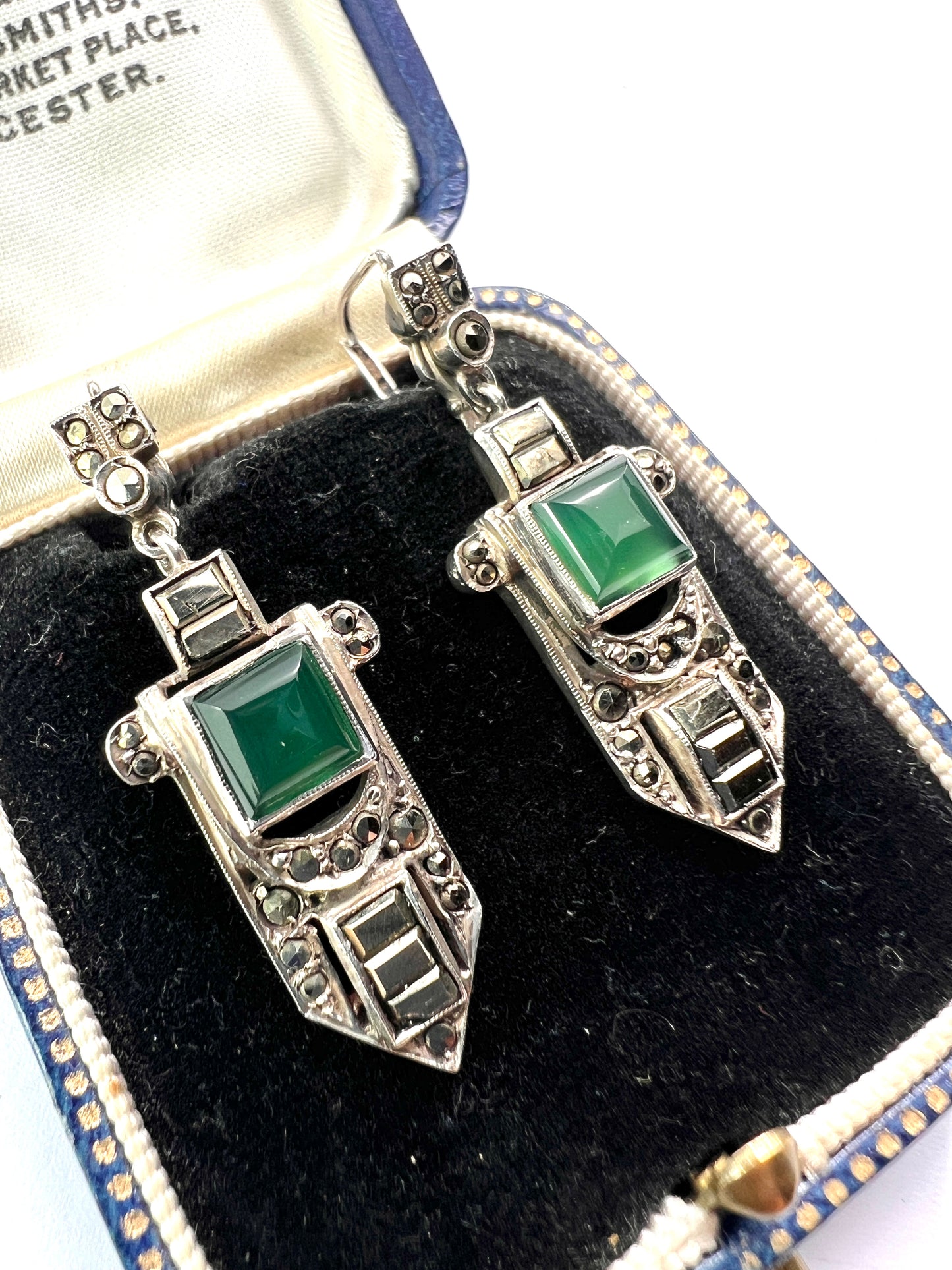Art Deco Silver Marcasite Chrysoprase Earrings