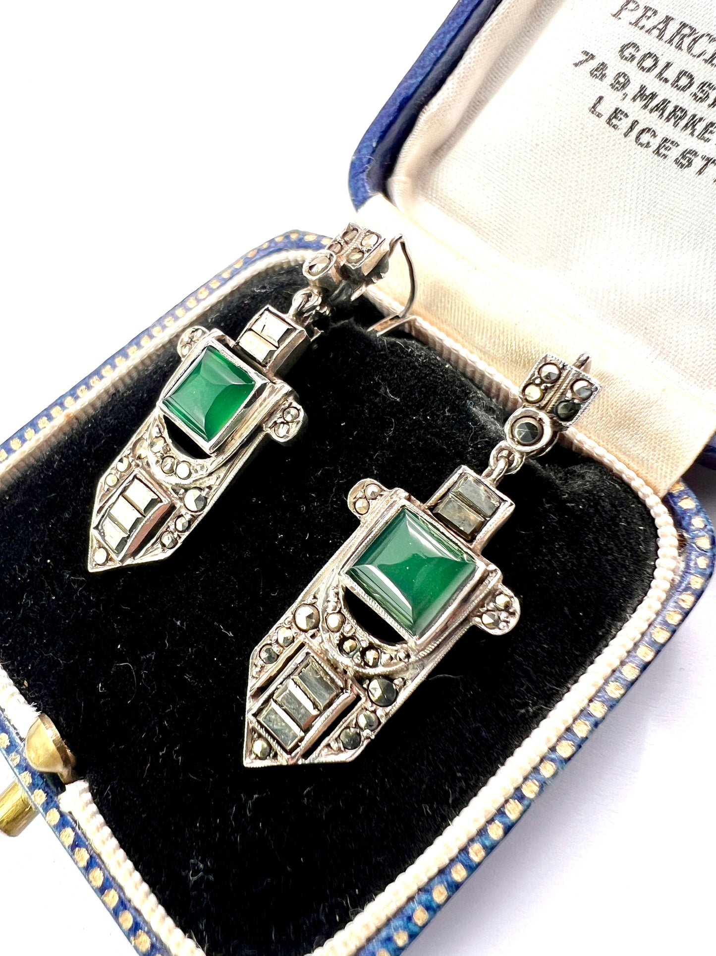 Art Deco Silver Marcasite Chrysoprase Earrings