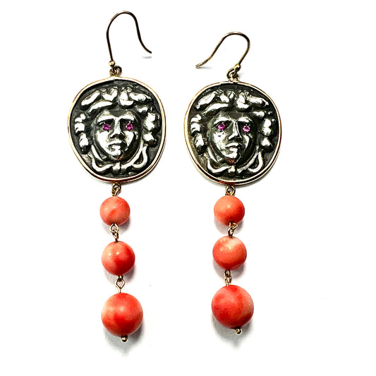 Large Vintage Ruby-Eyed Medusa Coral Earrings