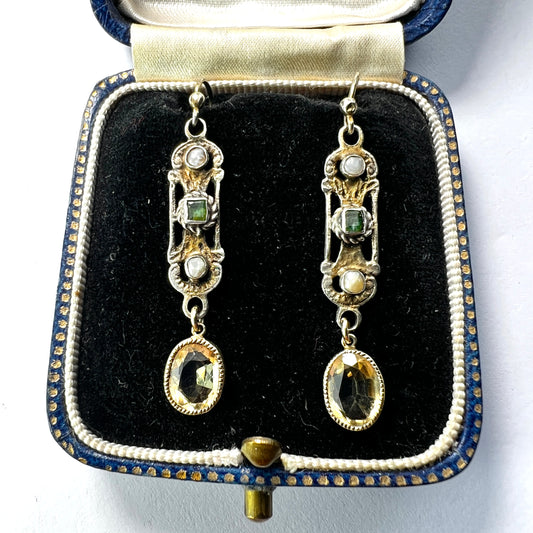 Austro Hungarian Emerald Citrine and Pearl Silver Earrings