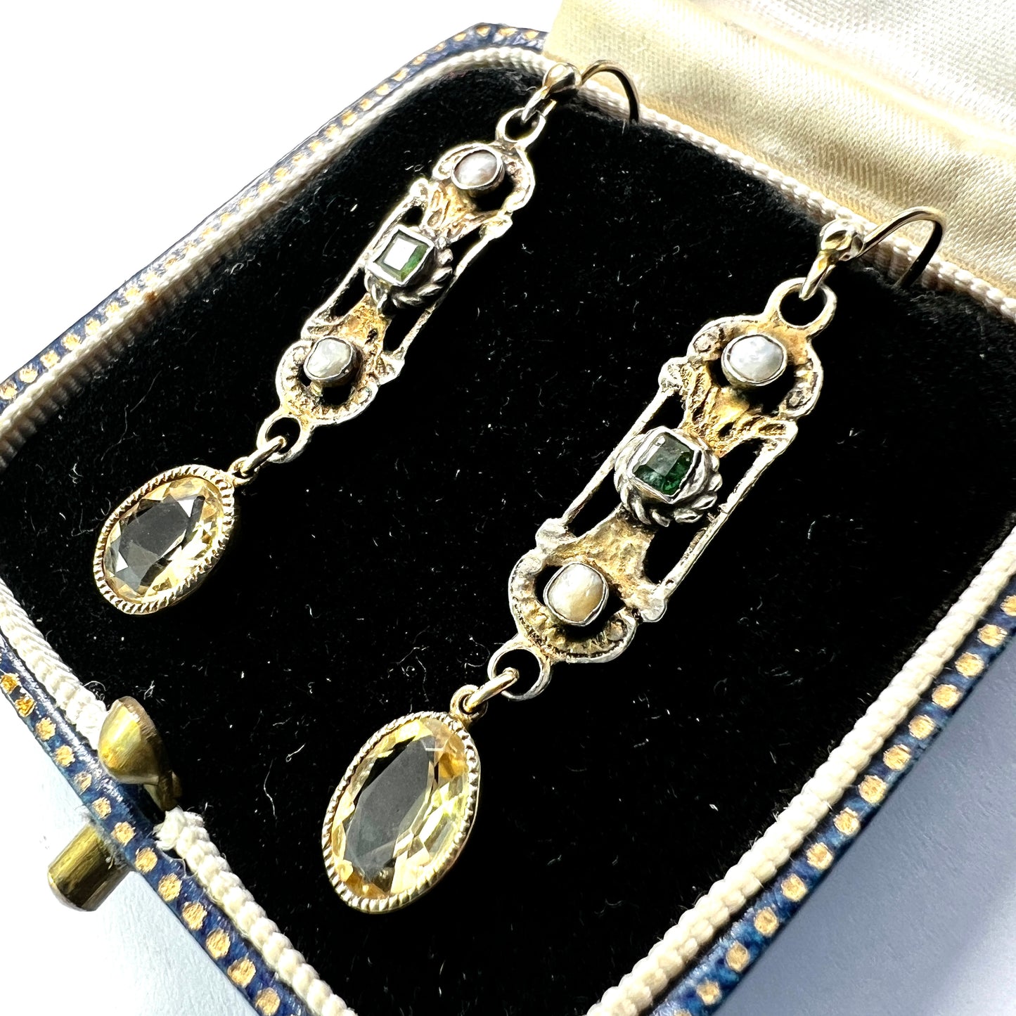 Austro Hungarian Emerald Citrine and Pearl Silver Earrings