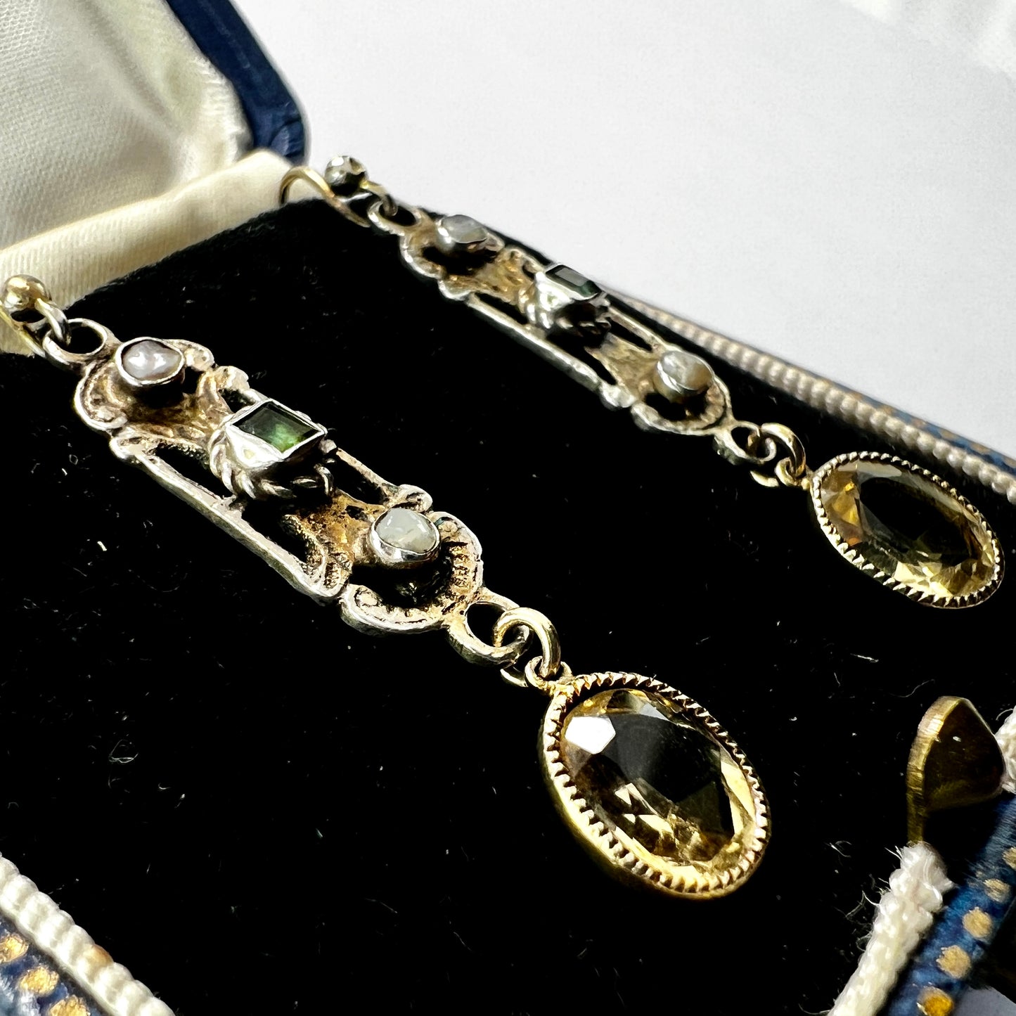 Austro Hungarian Emerald Citrine and Pearl Silver Earrings