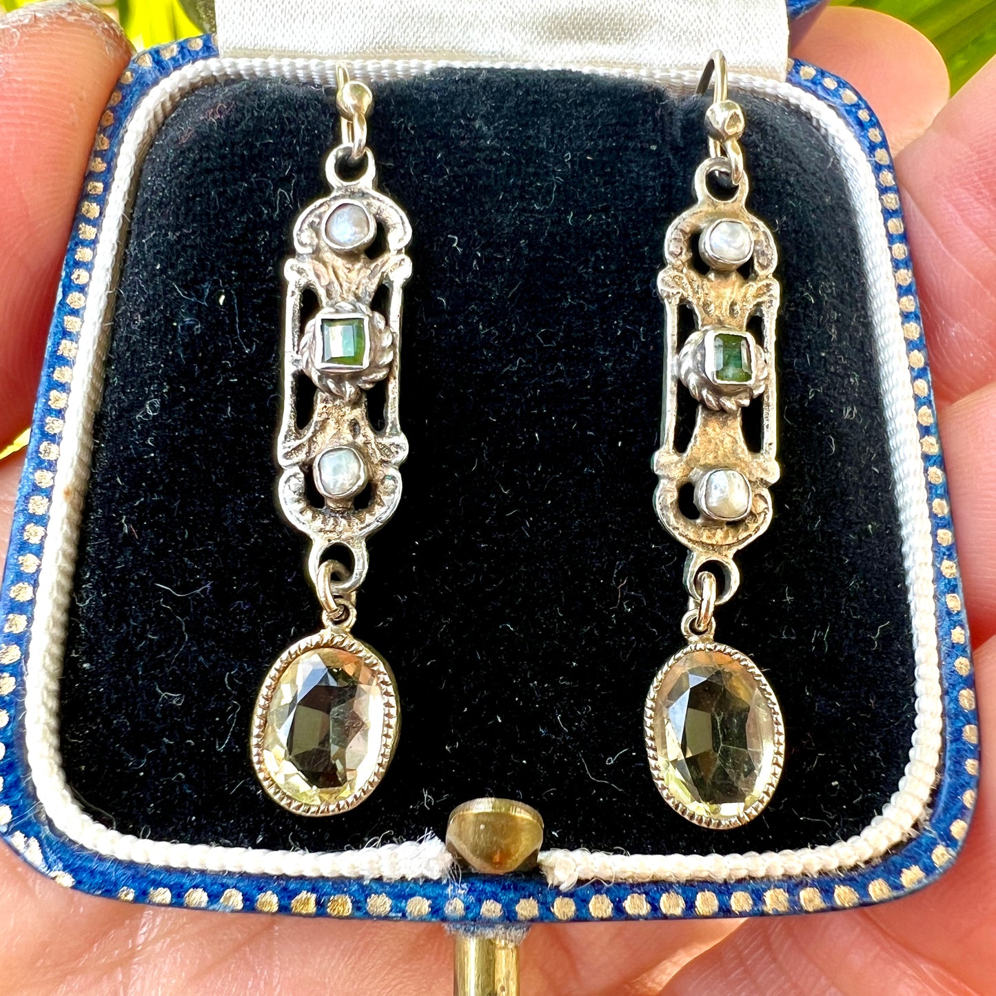 Austro Hungarian Emerald Citrine and Pearl Silver Earrings
