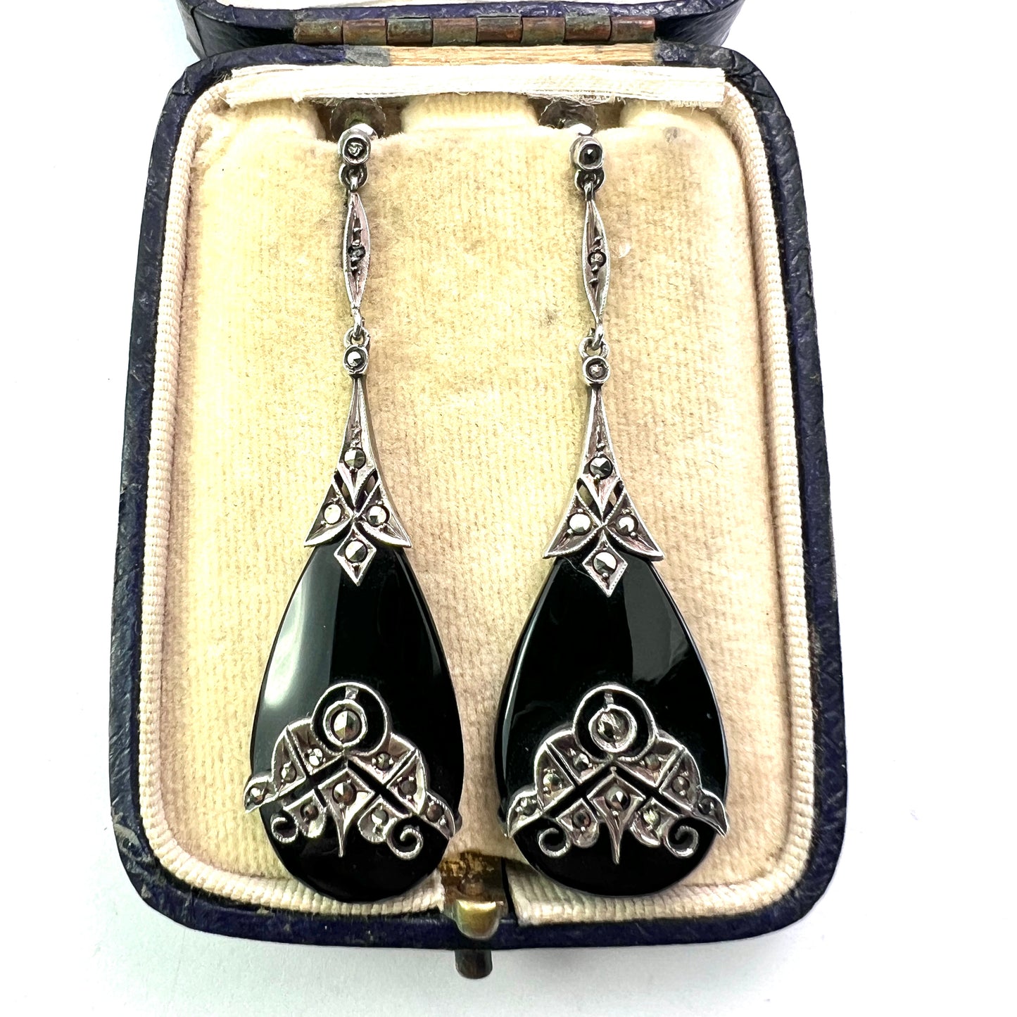 Art Deco Silver Onyx Marcasite Teardrop Earrings