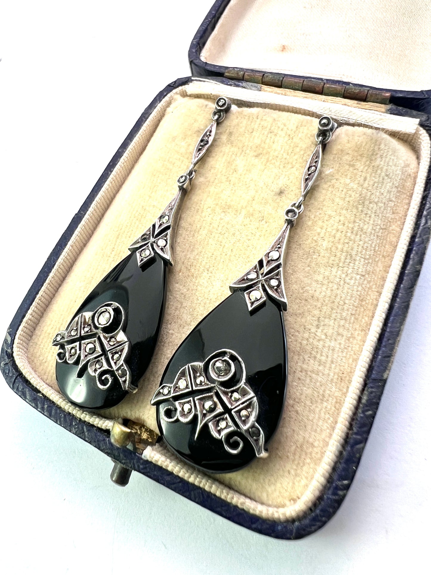 Art Deco Silver Onyx Marcasite Teardrop Earrings