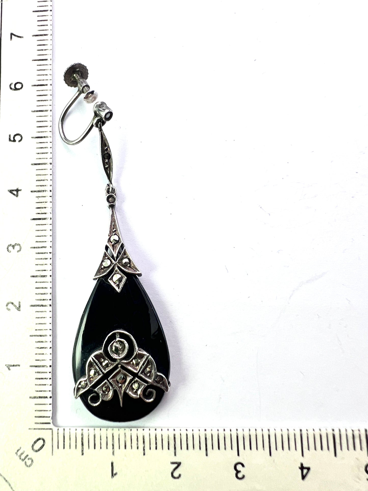 Art Deco Silver Onyx Marcasite Teardrop Earrings