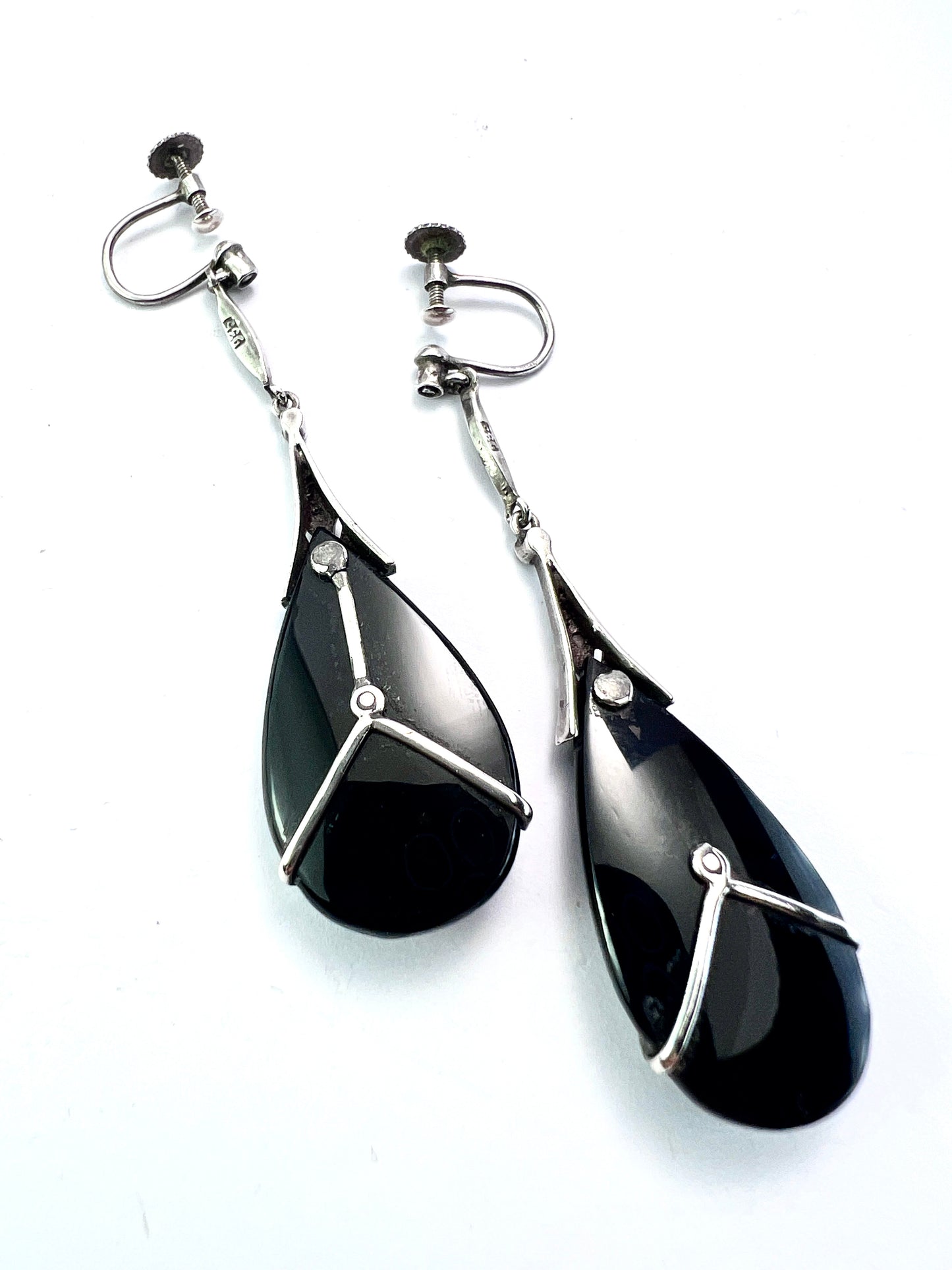 Art Deco Silver Onyx Marcasite Teardrop Earrings