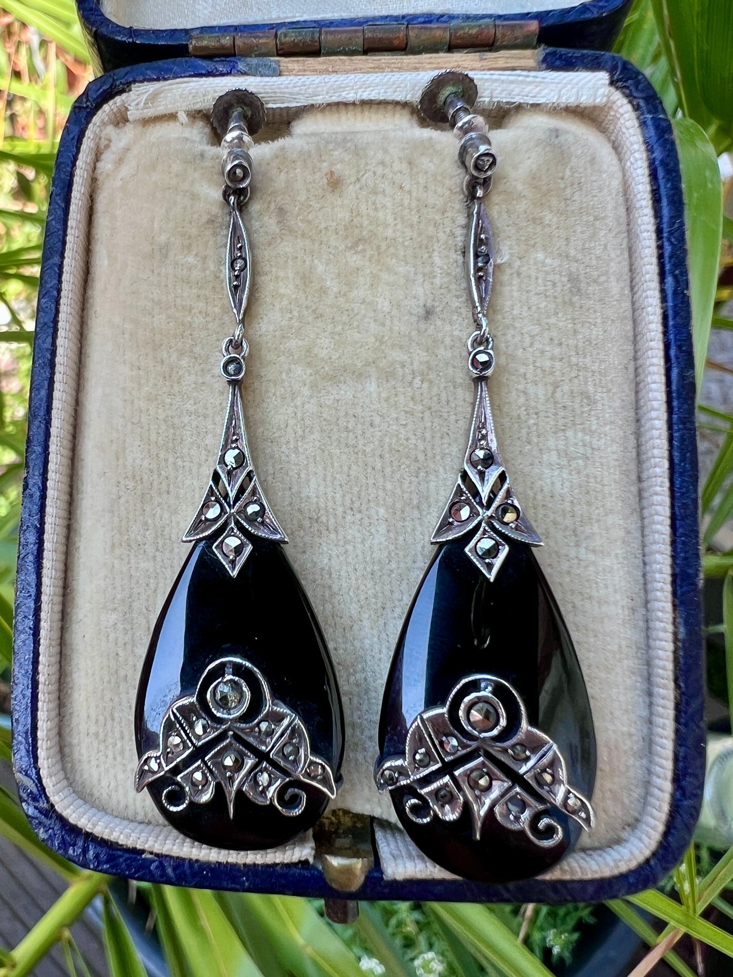 Art Deco Silver Onyx Marcasite Teardrop Earrings