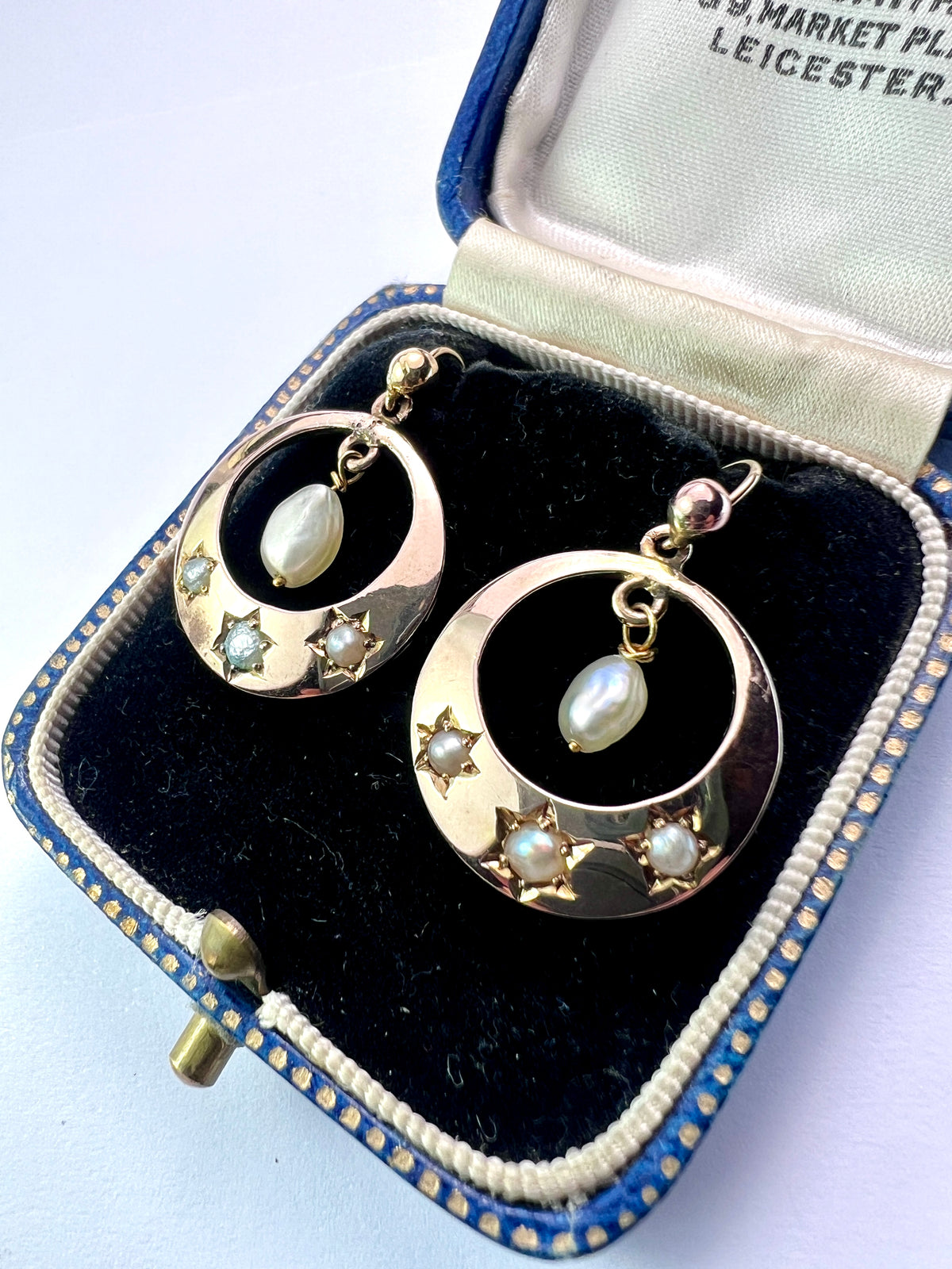 Victorian Star-set Pearl Gold Crescent Earrings