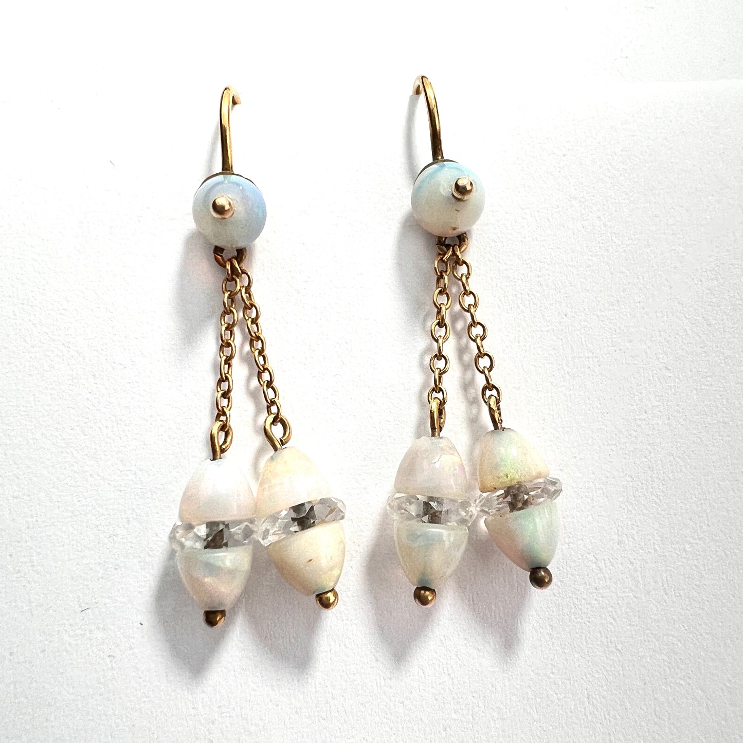 Edwardian 18CT Gold Opal and Rock Crystal Egg Earrings