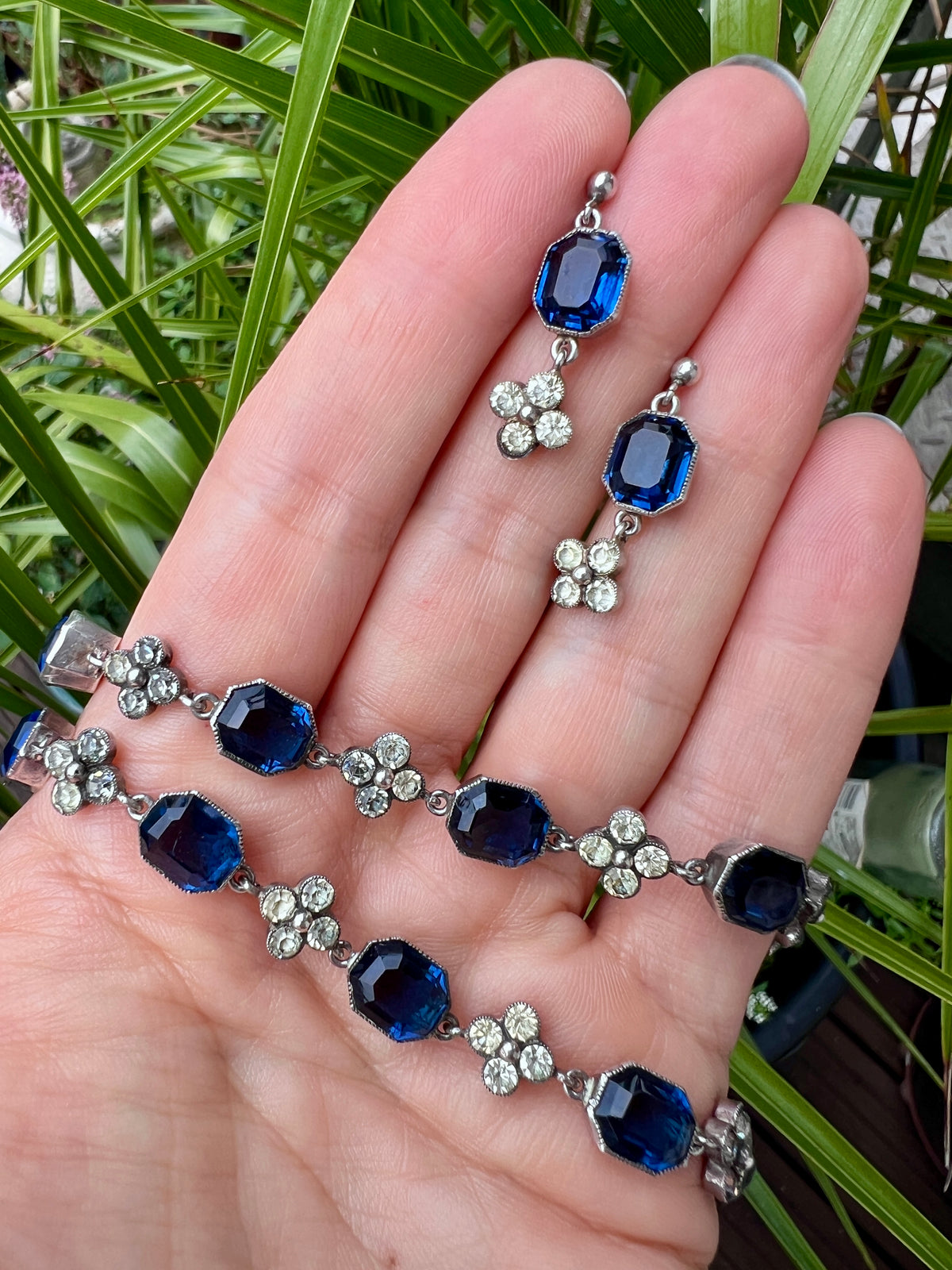 Art Deco Sapphire Paste Silver Earrings and Necklace Set