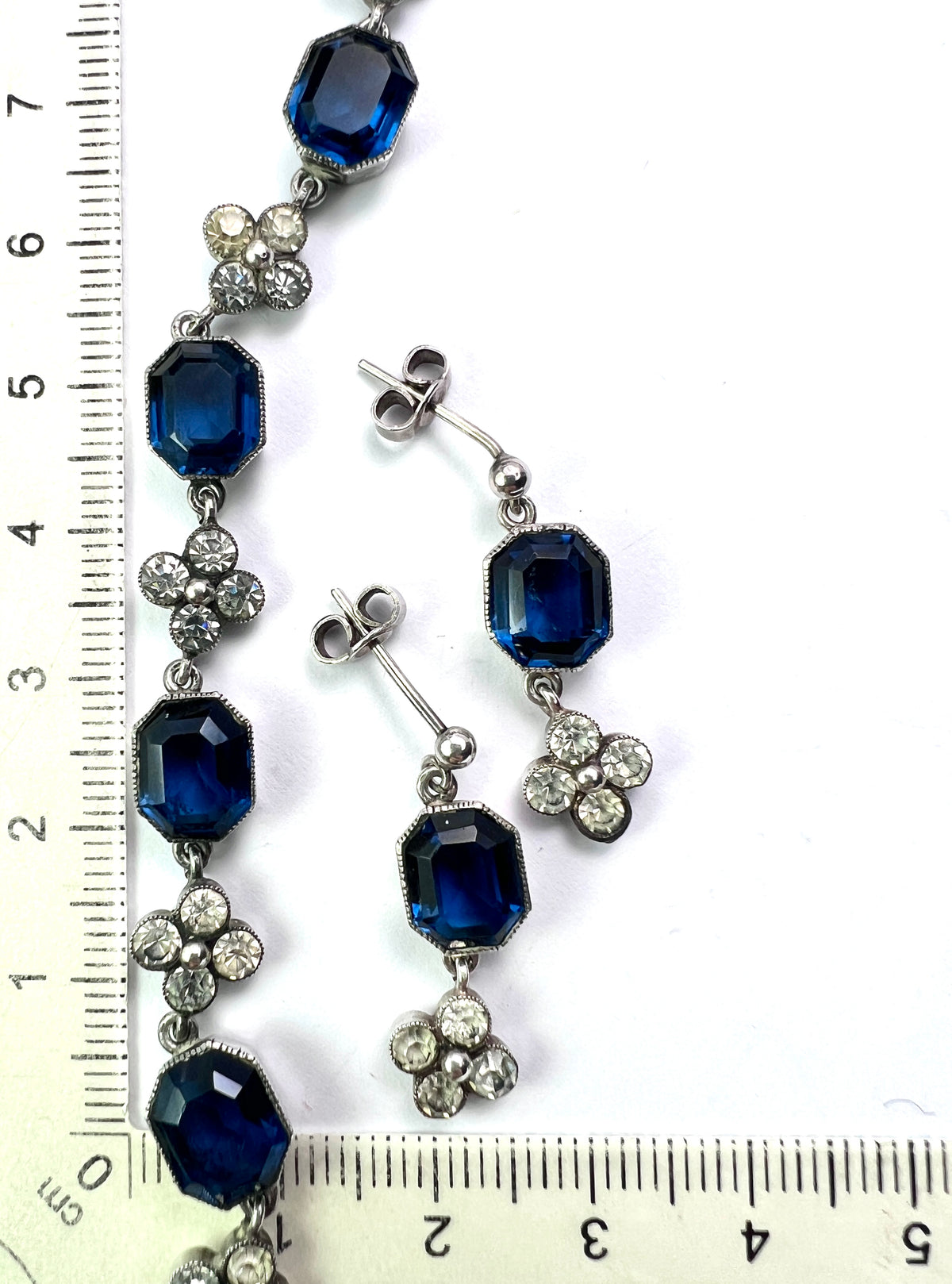 Art Deco Sapphire Paste Silver Earrings and Necklace Set