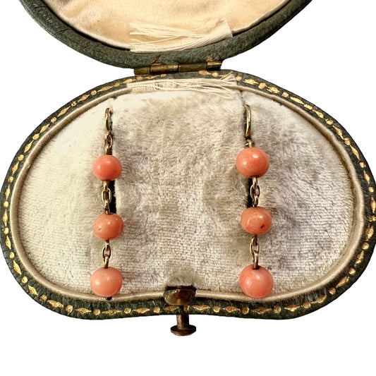 Vintage 9CT Gold Coral Bead Drop Earrings