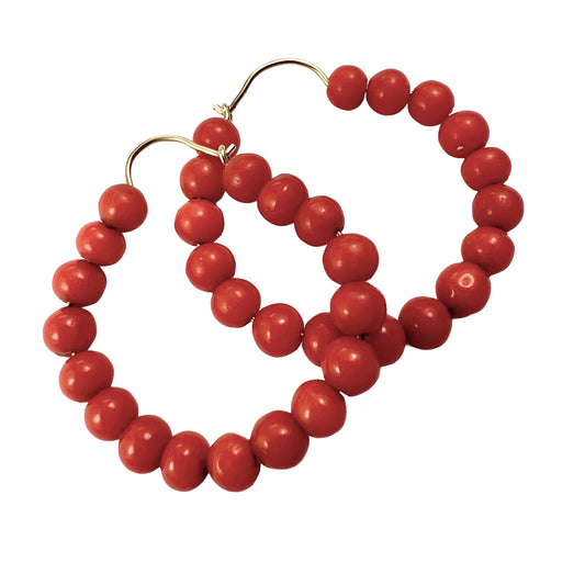 Vintage Coral Bead Gold Wire Hoop Earrings