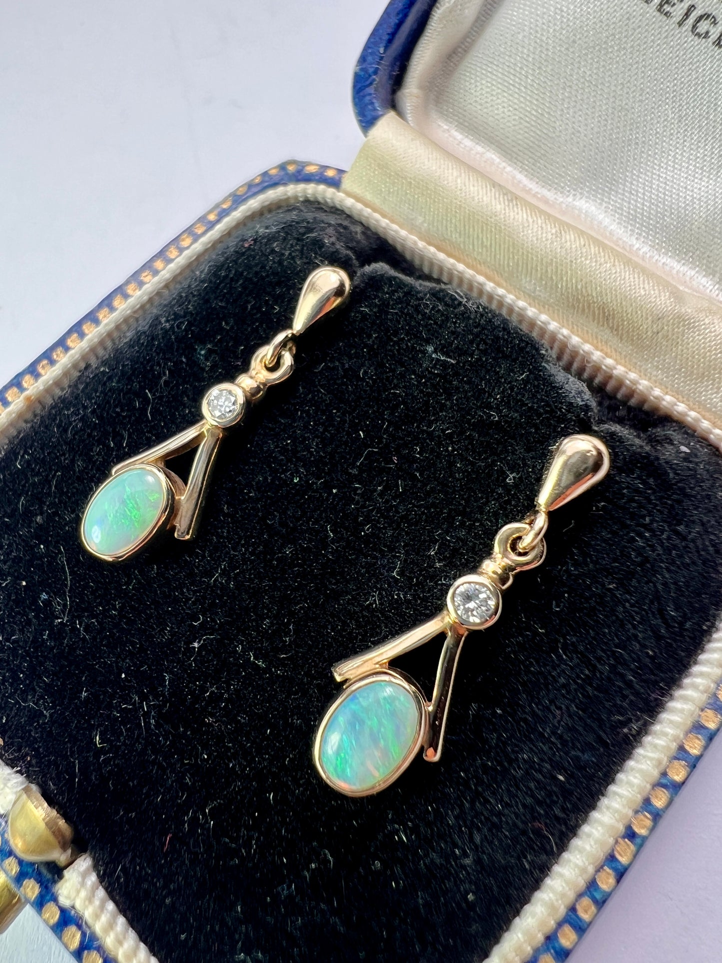 Vintage Diamond and Opal Gold Teardrop Earrings