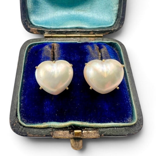 Large Vintage 18CT Gold Pearl Heart Stud Earrings