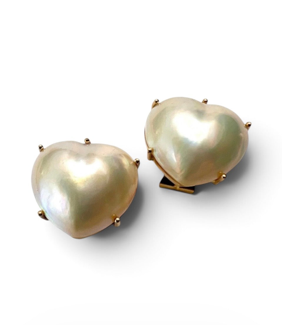 Large Vintage 18CT Gold Pearl Heart Stud Earrings