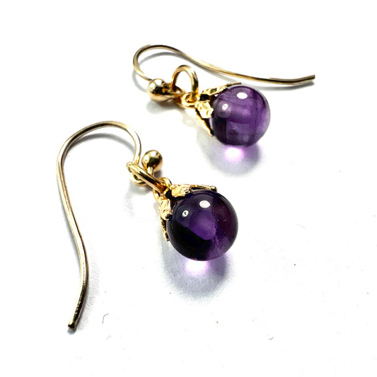 Vintage 9CT Gold Dainty Amethyst Orb Earrings