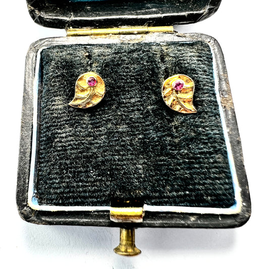 Vintage 9CT Gold Pink Spinel Leaf Stud Earrings