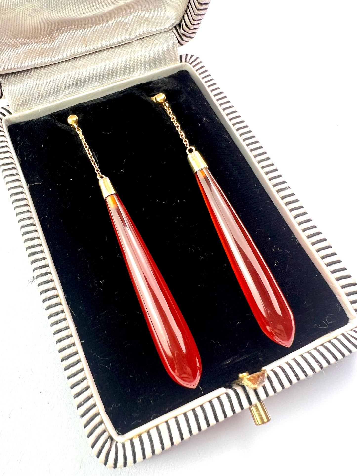 Long Edwardian Carnelian 9CT Gold Chain Teardrop Earrings