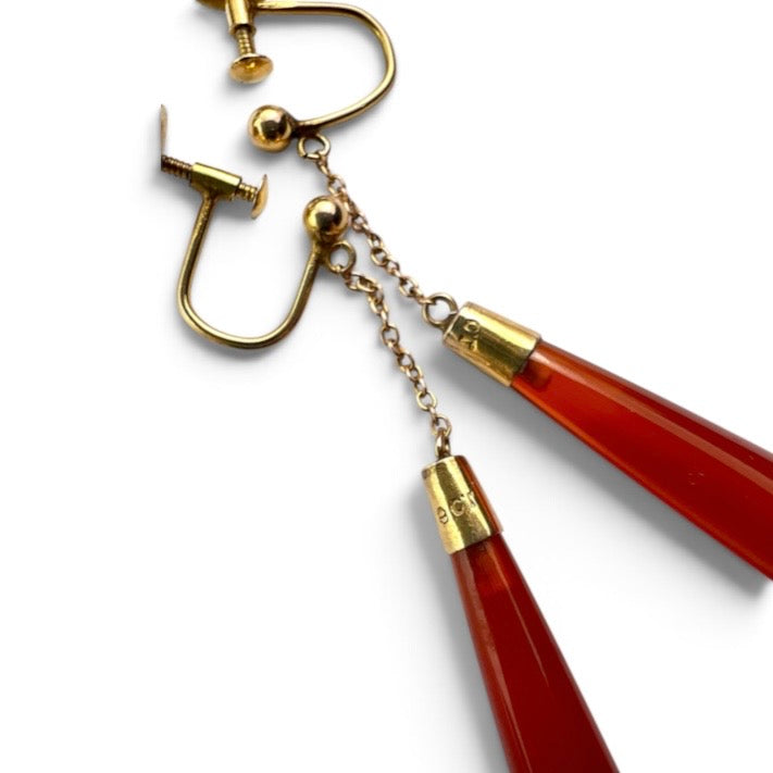 Long Edwardian Carnelian 9CT Gold Chain Teardrop Earrings