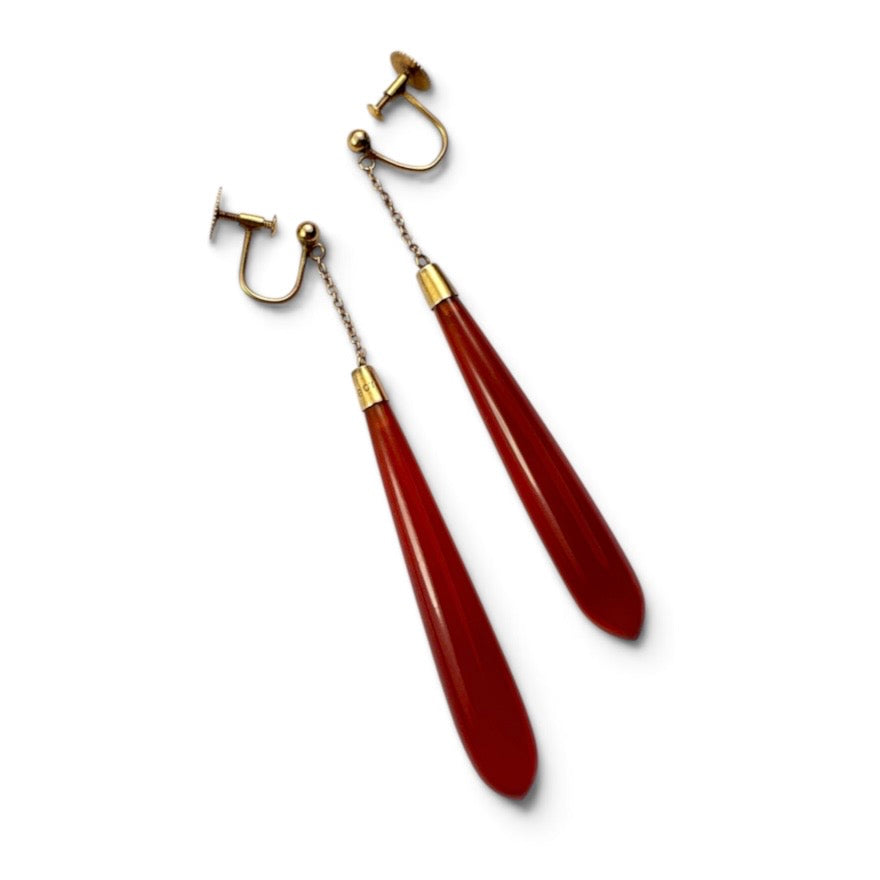 Long Edwardian Carnelian 9CT Gold Chain Teardrop Earrings