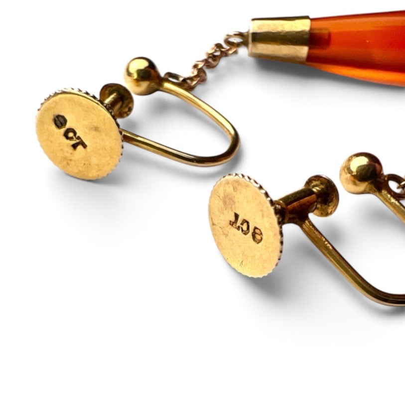 Long Edwardian Carnelian 9CT Gold Chain Teardrop Earrings