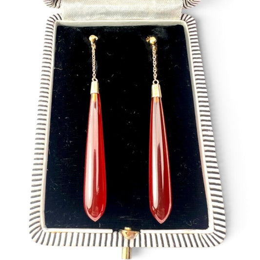 Long Edwardian Carnelian 9CT Gold Chain Teardrop Earrings