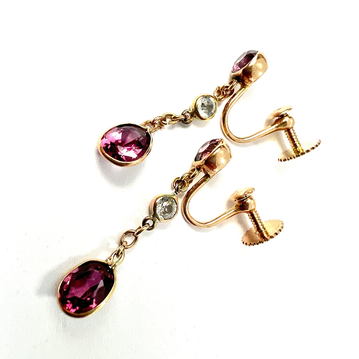 Edwardian Tourmaline and Rock Crystal Gold Screwback Earrings