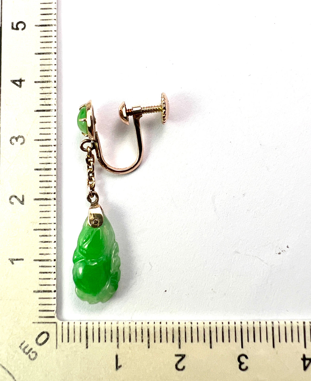 Art Deco 14CT Gold Carved Jade Drop Earrings
