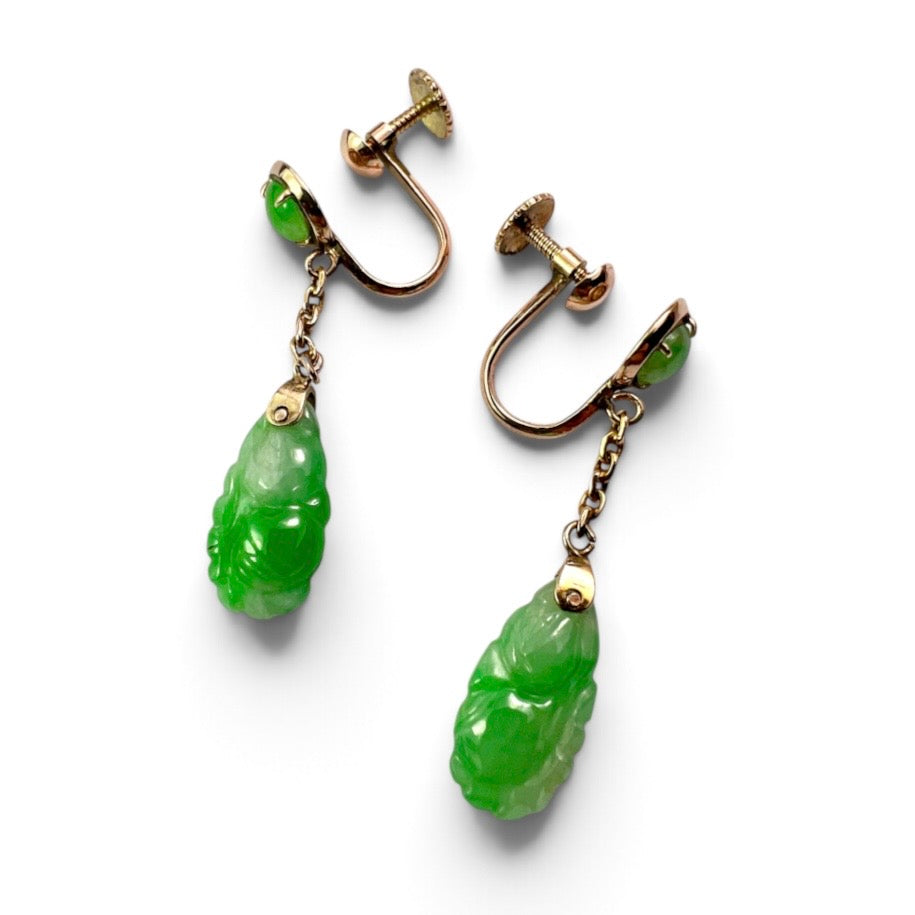 Art Deco 14CT Gold Carved Jade Drop Earrings
