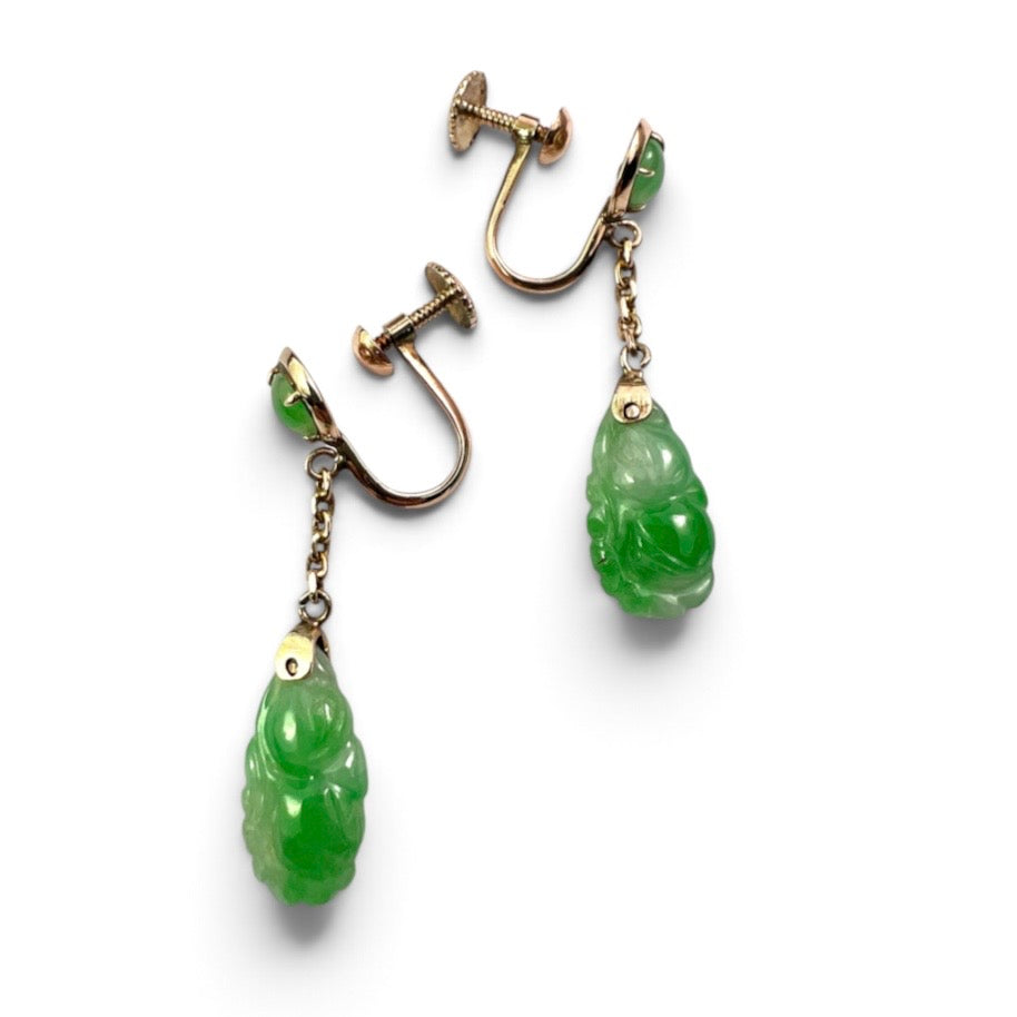 Art Deco 14CT Gold Carved Jade Drop Earrings